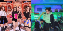 a group of girls are dancing on a stage and a man is kneeling down .