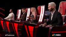 a group of people sitting in front of a screen that says the voice