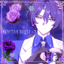 a picture of a man with purple hair is surrounded by purple flowers and says picmix
