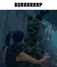 a man is hugging a green bunny with the words burrrrrrp below him