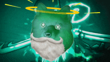 a green dog with a beard and halo on its head