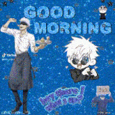 a good morning greeting card with a man holding a tray