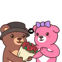 a brown teddy bear is giving a pink teddy bear a bouquet of flowers