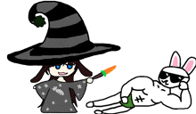 a cartoon drawing of a witch holding a carrot next to a rabbit