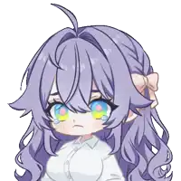 a drawing of a girl with purple hair and green eyes
