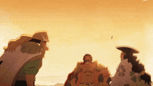 three cartoon characters are standing in front of a yellow sky