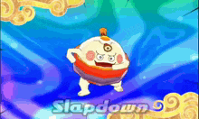 a cartoon character with the word slapdown written below it