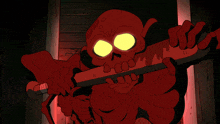 a cartoon of a red skeleton with yellow eyes and a fist