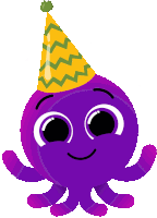 a purple octopus wearing a yellow party hat and smiling .