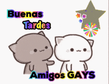 two cartoon cats are standing next to each other and the words amigos gays are on the bottom right