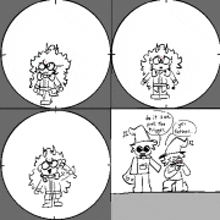 a black and white drawing of two cartoon characters talking