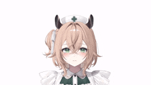 a girl with horns is wearing a nurse 's hat with a cross on it