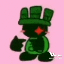 a cartoon character with a green hat pointing at the camera