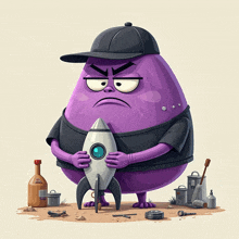 a purple cartoon character holding a rocket with a bottle of whiskey in the background