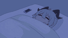 a cartoon drawing of a girl laying in bed with a cell phone on top of her head