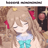 a girl with a yellow duck in her hair and the words hooonk mimimimimi