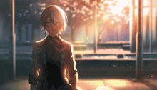a girl with white hair is standing in front of a window with trees in the background