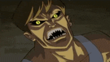 a cartoon character with yellow eyes and sharp teeth is looking at the camera .