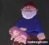 a cartoon pig is being held by a person in their arms .