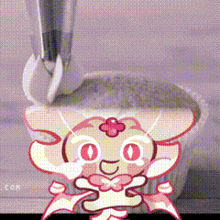 a cartoon character with a flower on her head is standing in front of a cup of coffee
