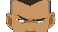 a close up of a cartoon character 's face with a serious look on his face