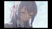 a girl with gray hair and a pink bow on her head