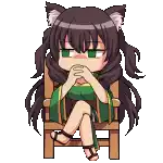a pixel art of a girl with cat ears sitting in a chair with her legs crossed .