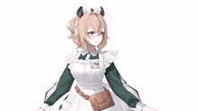 a nurse wearing a white apron and a hat with a green cross on it