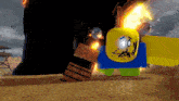 a roblox character is standing in front of a huge explosion