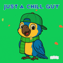 a cartoon parrot wearing a green hat and scarf