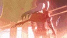 a blurred image of a person with a sword in their hand standing in front of a building