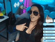 a woman wearing sunglasses is pointing at her chest with the words subs 3 on the bottom right