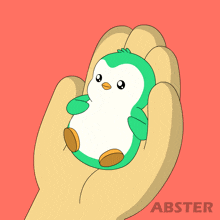 a cartoon drawing of a hand holding a green penguin with abster written on the bottom