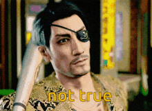 a man with an eye patch is holding a baseball bat with the words not true written on it