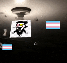 a pixel art of a man smoking a cigarette with a transgender flag next to him