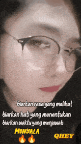 a close up of a woman wearing glasses with the words " biarkan rasa yang melihat " written above her
