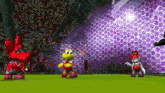 a group of cartoon characters are standing on a field in front of a purple net .