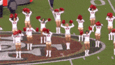 a group of cheerleaders are on a football field with the letter g on their shirts