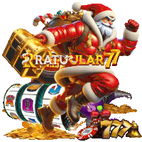 a santa claus holding a treasure chest in front of a slot machine that says ratuular77