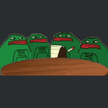 a group of green frogs are sitting around a table with one smoking a cigarette