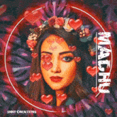 a painting of a woman with hearts on her face and the name miachu