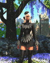 a woman wearing a black corset and boots stands in front of a tree