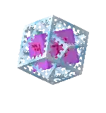 a pixel art illustration of a cube with purple dice inside of it on a white background .