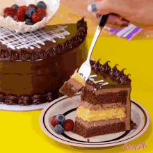 a person is cutting a slice of chocolate cake