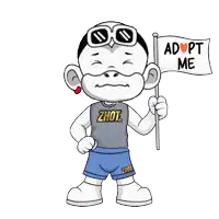 a cartoon character with adopt me written on a flag