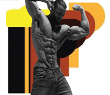 a black and white photo of a shirtless man flexing his muscles with the letter p in the background