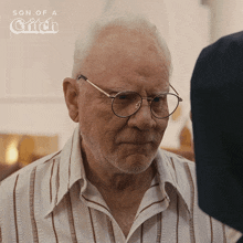 an older man wearing glasses and a striped shirt is featured in a son of a grifch advertisement