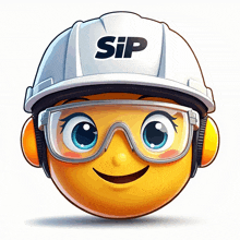 a yellow smiley face wearing a hard hat and goggles with the word sip on it
