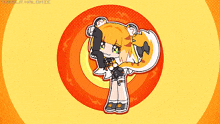 a cartoon drawing of a girl holding a gun with a yellow background