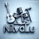 a 3d rendering of a guitar microphone and drum set with the name nilvalu